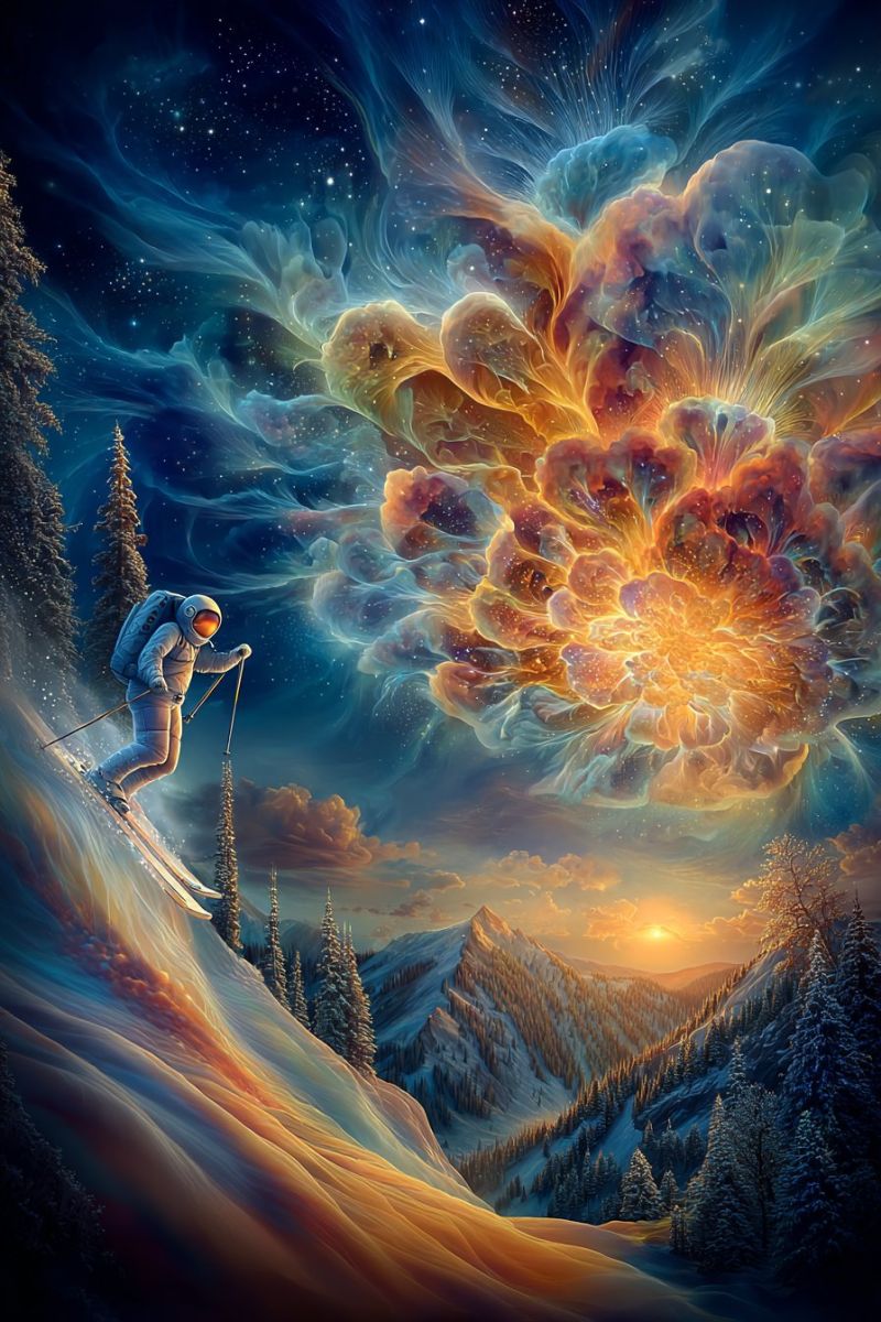 Space astronaut skiing mountain snow sky clouds sun fantasy colorful night stars explosion fireworks outer An astronaut skiing down a snowy mountain slope under a vibrant, surreal sky. The sky is filled with swirling, colorful clouds and a large, glowing, flower-like structure. The astronaut wears a white spacesuit with a blue backpack and holds ski poles. The mountain is covered in snow, with pine trees and a setting sun in the distance.