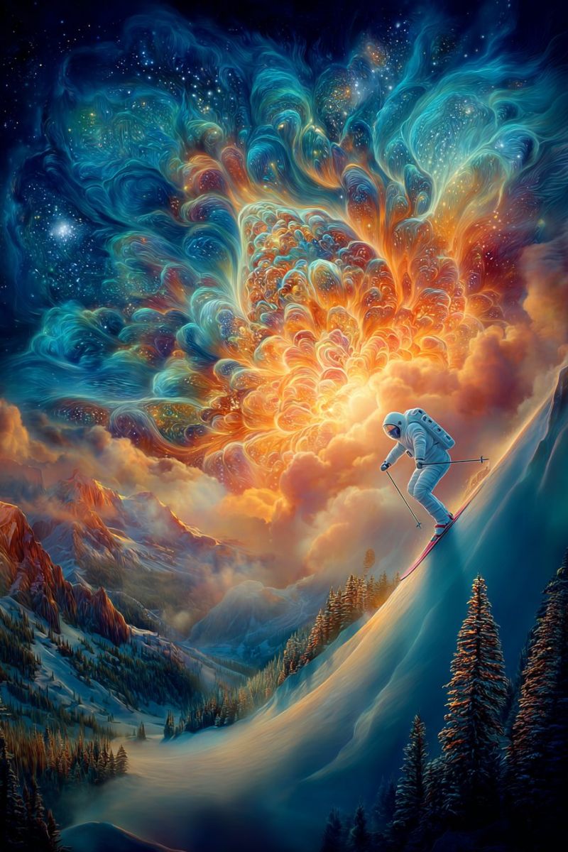 Mountain sky snow An astronaut skiing down a snowy mountain slope under a vibrant, swirling sky filled with colors of blue, orange, and yellow. The sky looks like a cosmic explosion with stars and clouds blending into the scene. The astronaut is wearing a white spacesuit and holding ski poles, gliding down the slope with trees and mountains in the background.