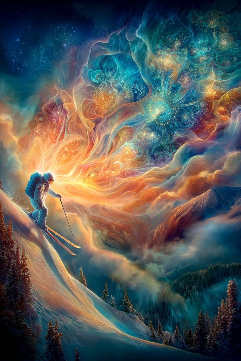Sky snow mountain A skier in a futuristic spacesuit glides down a snowy mountain slope under a surreal sky. The sky is a vibrant mix of orange, yellow, and blue, with abstract, almost liquid-like patterns that resemble cosmic energy or auroras. The skier is equipped with a backpack and holds ski poles, gliding smoothly on the snow. The mountain is covered in snow and dotted with pine trees, and the scene is set against a back of a starry night sky.
