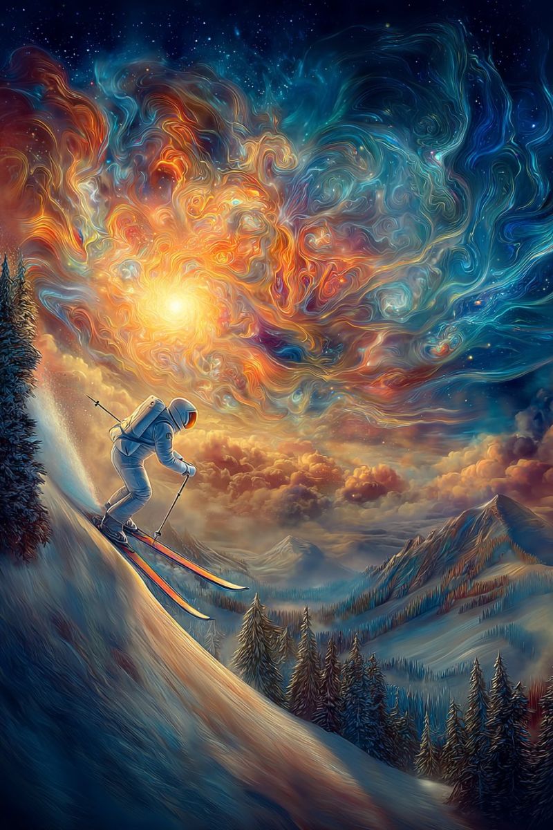 Space sky skyscraper skyscrapers In the foreground, a skier dressed in a white spacesuit glides down a snowy mountain slope. The skier holds ski poles and wears a helmet. The sky above is a vibrant mix of orange, yellow, and blue, swirling like a cosmic nebula. The sun is visible, casting a warm glow over the scene. Below the skier, the mountain is covered in snow, with pine trees dotting the landscape. The background features a dramatic, almost otherworldly sky filled with swirling colors and patterns.