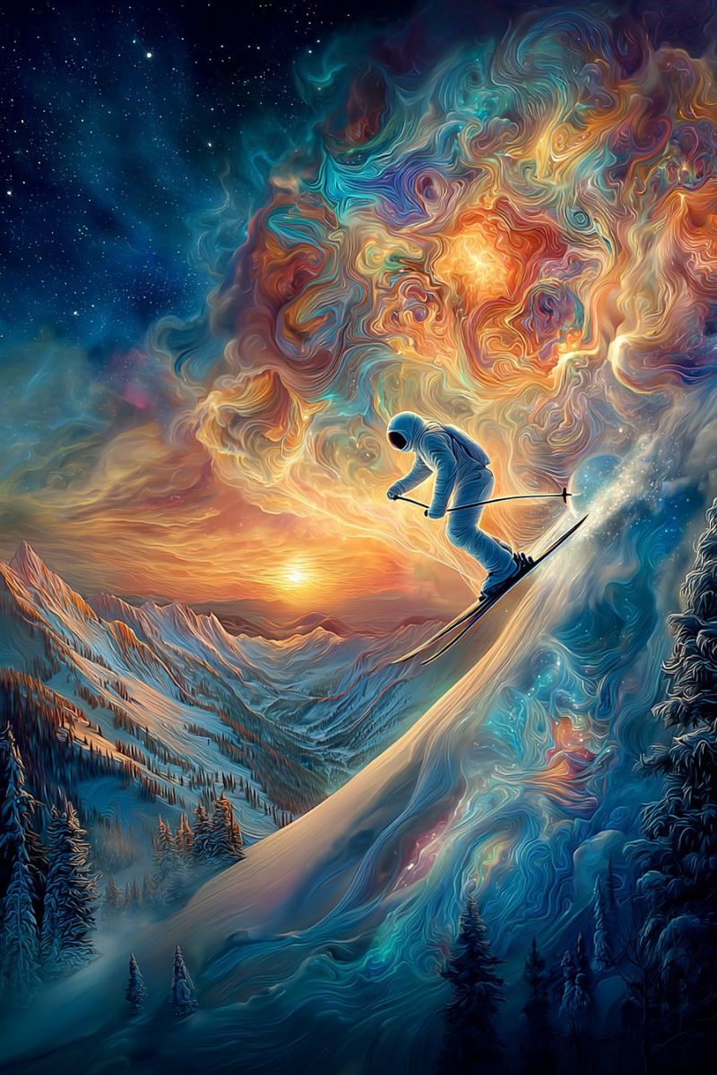 Neige ciel montagne coucher soleil skieur ski snowboard snowboardeur planche snowboardage Un skieur en combinaison spatiale blanche glisse sur une pente enneigée sous un ciel vibrant et tourbillonnant rempli de couleurs comme l'orange, le jaune et le bleu. Le ciel passe à un bleu profond avec des étoiles, suggérant soit l'aube soit le crépuscule. La montagne est couverte de neige, avec des pins parsemant le paysage. L'ombre du skieur est projetée sur la neige, et la scène se déroule sur fond de soleil couchant ou de lune levante.