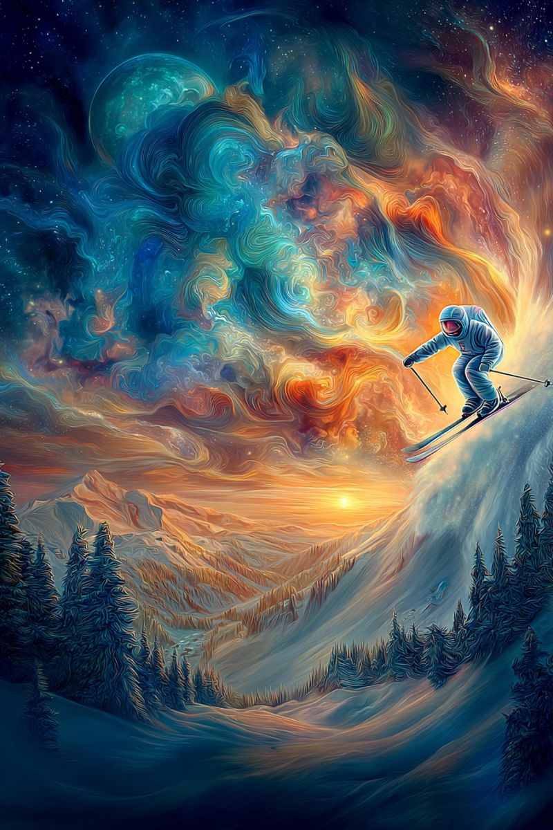 Neige ciel montagne coucher soleil skieur ski snowboard snowboardeur enneige hiver Au premier plan, un skieur glisse sur une pente enneigée, ses skis fendant la neige. Le skieur est vêtu d'une combinaison spatiale bleue et blanche, avec un casque sur la tête. Le ciel au-dessus est un mélange vibrant de couleurs, tourbillonnant avec des nuances de bleu, d'orange et de jaune, ressemblant à une scène cosmique. Le soleil se couche à l'horizon, projetant une douce lueur sur le paysage. La montagne est couverte de neige, avec des pins parsemant les pentes. La scène générale est surréaliste et irréelle, mêlant des éléments de l'espace et des sports d'hiver.