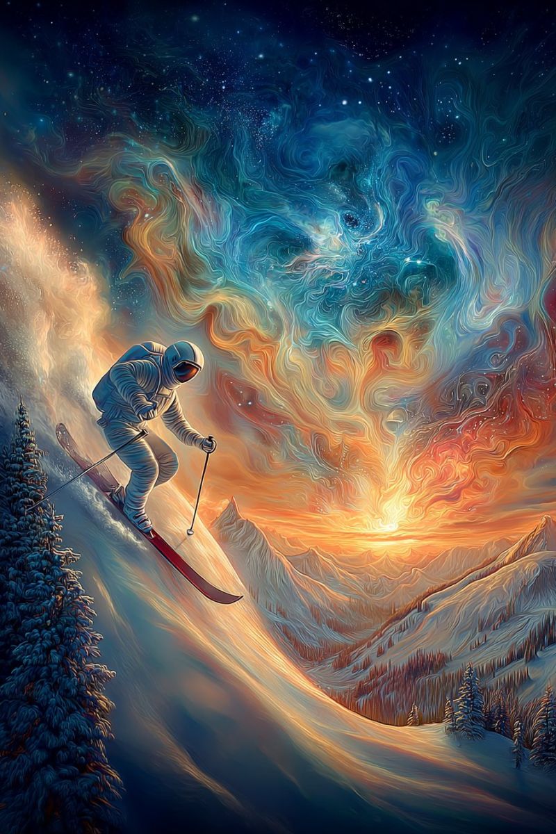 Space sky snow mountain In the foreground, a skier dressed in a white spacesuit glides down a snowy mountain slope. The skier holds ski poles and wears a helmet. The background features a vibrant, swirling sky filled with hues of blue, orange, and yellow, resembling a cosmic scene. The sky appears to be a mix of swirling galaxies and nebulae, with stars scattered throughout. The mountain range in the background is covered in snow, with pine trees dotting the landscape. The overall scene combines elements of space and winter sports, creating a surreal and imaginative atmosphere.