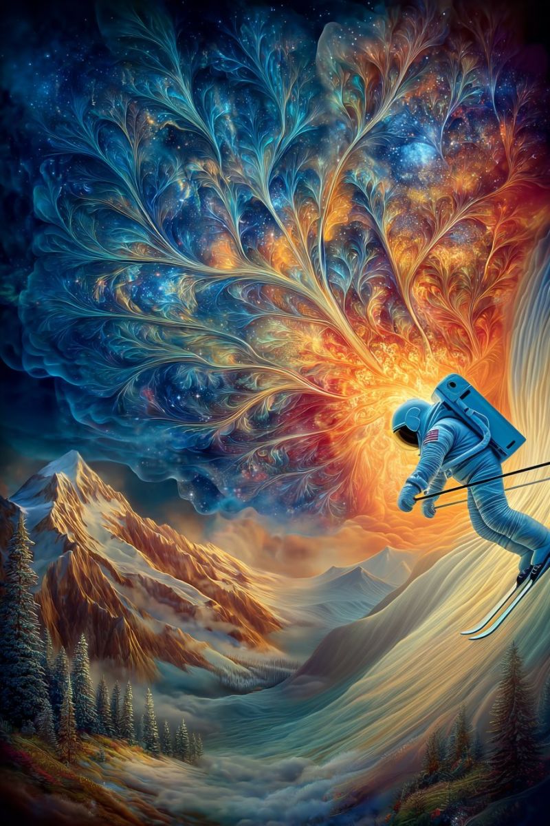 Astronaute ski montagne ciel nuages fantaisie univers etoiles galaxie cosmique exploration aventure espace Un astronaute descend une pente de montagne sous un ciel vibrant et abstrait rempli de couleurs tourbillonnantes de bleu, orange et jaune. Le ciel présente un grand motif complexe en forme de feuille qui semble bouger et briller. L'astronaute porte une combinaison spatiale bleue avec un drapeau sur l'épaule, tenant des bâtons de ski, et semble être en plein vol, avec le soleil brillant derrière lui. La montagne est couverte de neige, avec des pins et une atmosphère brumeuse à la base.