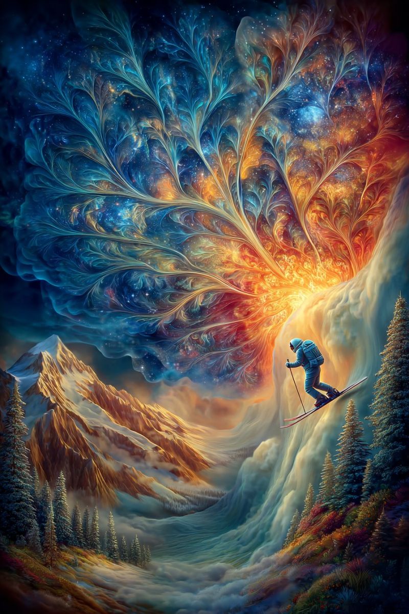 Mountain sky snow skyscraper skyscrapers In the foreground, a skier glides down a mountain slope, their figure outlined against the vibrant sky. The sky is a mesmerizing blend of blue, orange, and yellow hues, resembling a cosmic explosion. The background features a surreal, abstract design that looks like a combination of a tree and a galaxy, with intricate, fractal-like patterns. The mountain range in the distance is bathed in a warm, golden light, with pine trees dotting the landscape. The overall scene is a captivating fusion of nature and the cosmos, with the skier's journey through this fantastical world.