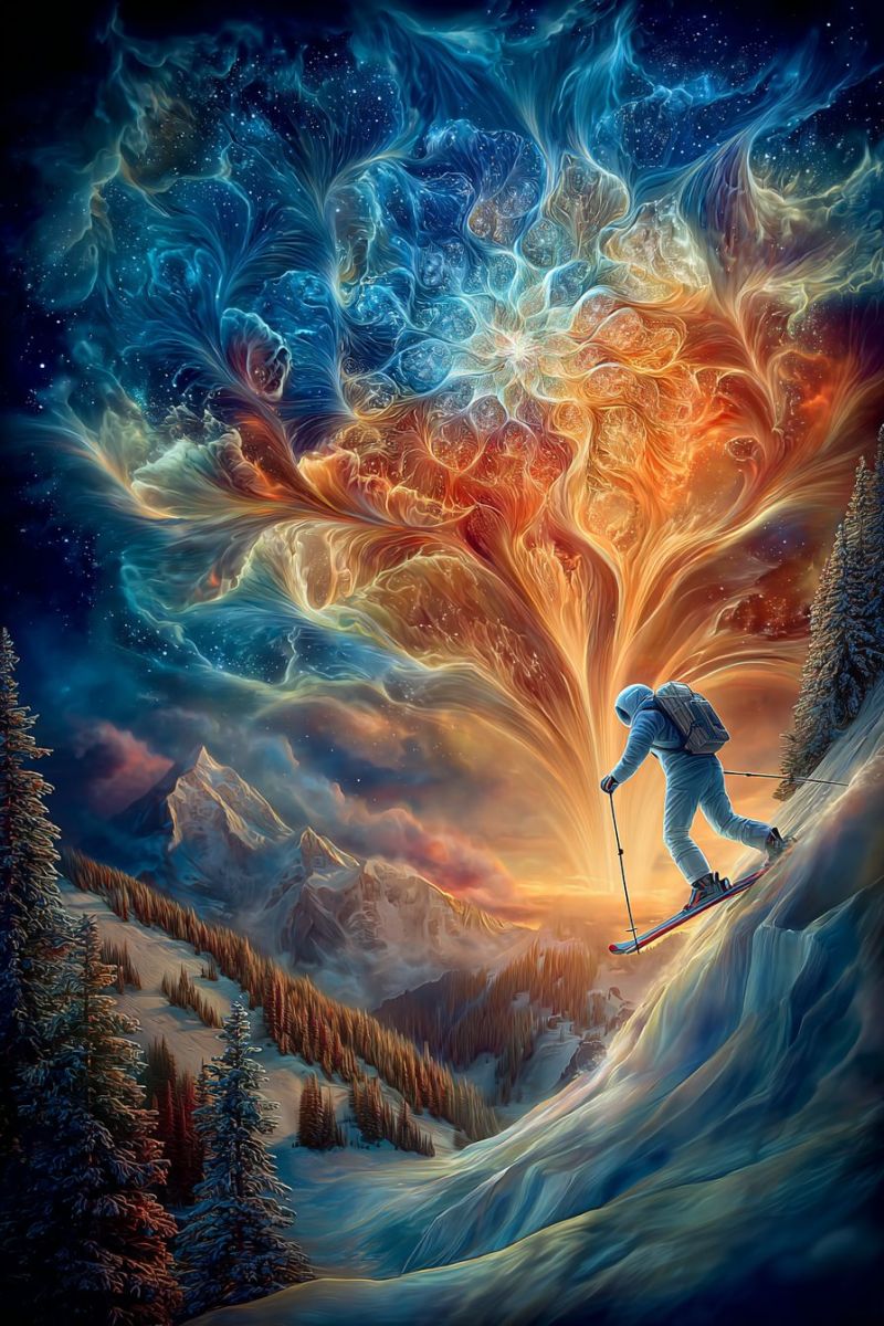 Skiing mountain snow sky skyscraper skyscrapers In the foreground, a skier glides down a snowy mountain slope, wearing a white ski suit and a backpack. They hold ski poles in both hands, with one foot slightly ahead of the other. The background features a vibrant, abstract design of swirling colors, primarily blue, orange, and yellow, resembling a cosmic or nebula-like pattern. The sky above is dark, with scattered stars adding to the celestial theme. The mountain range in the background is covered in snow, with pine trees dotting the landscape. The overall scene combines elements of winter sports with a fantastical, otherworldly backdrop.