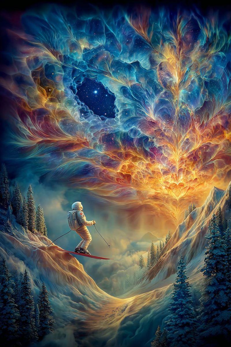 Space sky mountain skydiving An astronaut is skiing down a snowy mountain slope under a surreal sky. The sky is a vibrant mix of blue, yellow, and orange, resembling a cosmic nebula. The astronaut is wearing a white helmet and a white suit, holding ski poles. The mountain is covered in snow and has pine trees. The scene is set against a back of a glowing, abstract sky that seems to be a portal or a cosmic event.