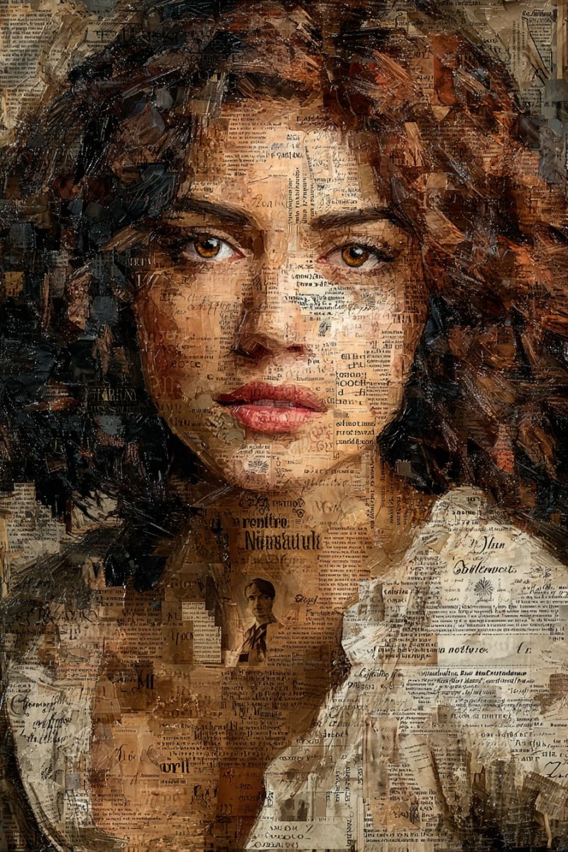Painting portrait of a woman created using a collage technique. Her face is composed of various pieces of old newspaper, giving the portrait a textured and layered appearance. The woman has curly, dark hair that frames her face. Her eyes are almond-shaped and brown, with a slight upward tilt. Her lips are full and painted in a shade of red. The background of the portrait is a mix of different types of paper, some of which have text that is partially visible. The woman's skin tone is a warm brown, and the overall effect is both artistic and somewhat abstract.