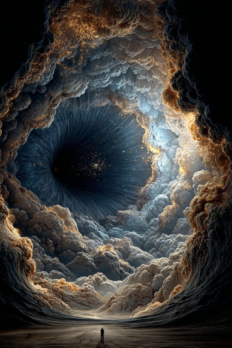 Nuage nuages concept sombre design reve onirique fantaisie fiction imagination ciel espace Une personne se tient dans un paysage vaste et surréaliste ressemblant à un tunnel ou à une grotte. Les murs sont composés de nuages tourbillonnants et texturés dans des nuances de bleu, gris et blanc, avec des touches d'or et de jaune. Les nuages sont denses et superposés, créant un sentiment de profondeur et de mouvement. Au centre du tunnel, un grand vortex sombre s'enroule vers le haut, rempli d'étoiles et d'éléments cosmiques, suggérant un voyage vers l'inconnu. La personne est petite en comparaison, debout sur une surface sablonneuse qui mène au tunnel, soulignant l'immensité et le mystère de la scène.