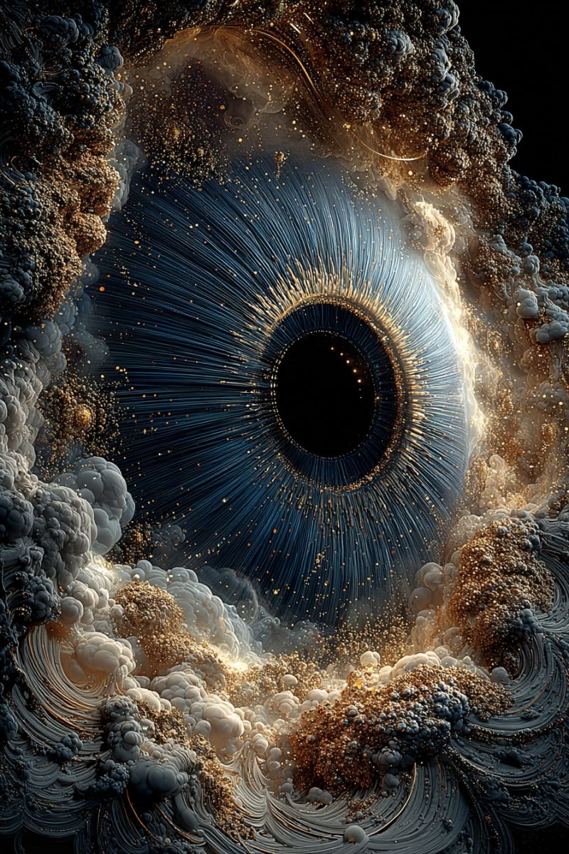 Eye pupil iris cornea sclera retina lens eyelashes eyebrows eyelids conjunctiva optic nerve aqueous humor vitreous tear ducts muscles socket eyelash Grand oeil détaillé avec une iris bleu profond et une pupille noire. L'iris est entouré de motifs complexes en brun doré qui ressemblent à une galaxie tourbillonnante. L'oeil est placé sur un fond de formes organiques abstraites dans des nuances de bleu, brun et or, créant un sentiment de profondeur et de mouvement. L'effet global est surréaliste et fascinant, l'oeil apparaissant comme un portail vers un royaume fantastique et d'un autre monde