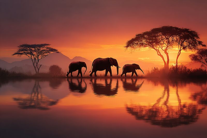 Elephants coucher soleil vie sauvage nature safari reflexion arbres eau horizon soiree nuages montagnes herbe ombres brume conservation habitat Trois éléphants marchent en ligne le long du bord d'un plan d'eau calme, peut-être un lac ou une rivière, pendant le coucher du soleil. Les éléphants sont en silhouette contre le ciel chaud et orange, créant un contraste saisissant. L'eau reflète les éléphants et les arbres environnants, ajoutant de la profondeur à la scène. En arrière-plan, il y a deux grands arbres, un de chaque côté des éléphants, et des montagnes lointaines. Le ciel est un mélange de teintes orange et roses, indiquant la fin de la journée.