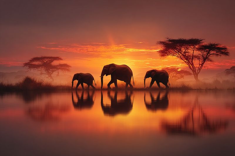 Elephants coucher soleil vie sauvage nature safari reflexion eau arbres herbe horizon nuages conservation animaux air voyage aventure Trois éléphants marchent en ligne le long du bord d'un plan d'eau calme, peut-être une rivière ou un lac. Leurs reflets sont visibles dans l'eau, reflétant leurs silhouettes. La scène se déroule sur fond de coucher de soleil, avec un ciel peint de teintes orange et rose. Au loin, il y a plusieurs arbres, dont un grand arbre élancé de forme distinctive. Les éléphants se déplacent de gauche à droite, le plus grand étant au milieu. L'eau est calme, et l'atmosphère générale est sereine et paisible.
