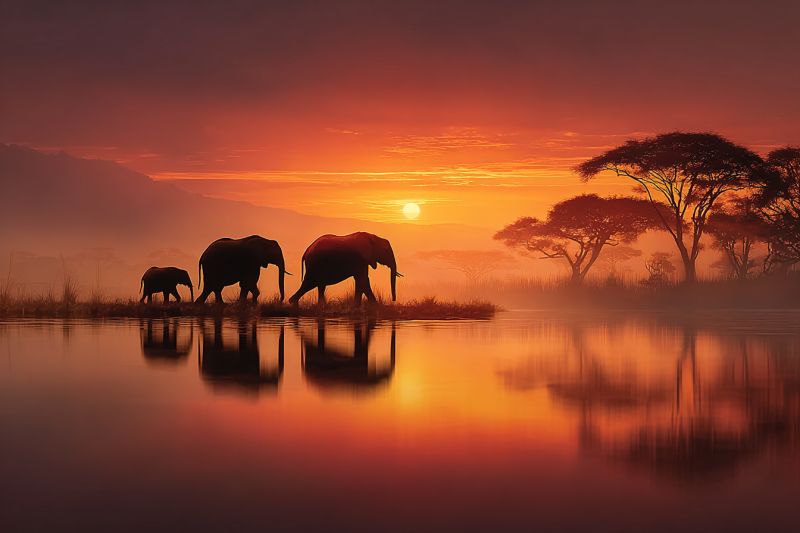 Elephants sunset wildlife nature safari reflection water trees horizon mist evening calm beauty grass mountains clouds sky Three elephants are walking along the edge of a river at sunset. The largest elephant is in the middle, followed by a smaller one on its left, and another smaller one on its right. The river reflects the warm colors of the sunset, creating a serene and picturesque scene. Behind the elephants, there are several trees, and the sky is painted with hues of orange and pink. The sun is setting on the horizon, casting a golden glow over the landscape.