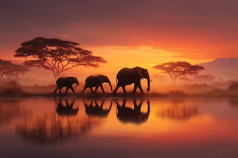 Elephants coucher soleil vie sauvage nature safari conservation reflexion eau arbres horizon crepuscule animaux mammiferes air voyage aventure environ Trois éléphants marchent en ligne le long du bord d'un plan d'eau, peut-être une rivière ou un lac, pendant le coucher du soleil. Les éléphants sont en silhouette contre le ciel aux teintes chaudes et orangées, créant un contraste saisissant. Leurs reflets sont visibles dans l'eau, ajoutant de la profondeur à la scène. L'arrière-plan présente plusieurs arbres hauts et élancés avec un feuillage clairsemé, typiques d'un environnement de savane ou de prairie. Le ciel est un mélange de violets profonds et d'oranges, indiquant la fin de la journée. Au loin, il y a d'autres arbres et la silhouette d'une chaîne de montagnes, suggérant un vaste paysage ouvert.