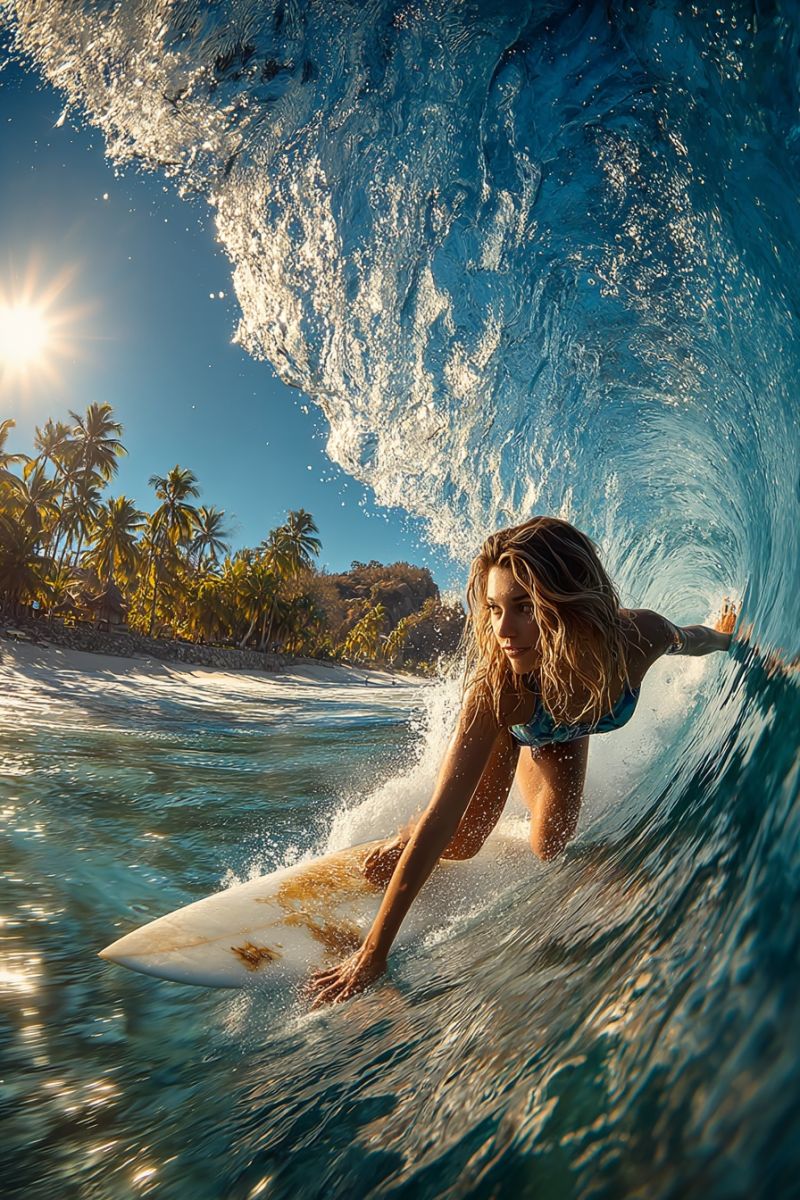 Surfer surf ocean vague eau plage soleil tropical aventure sport recreation vie liberte nature air vacances relaxation bien palmier arbres Une femme surfe sur une planche blanche dans l'océan. Elle porte un bikini bleu et a de longs cheveux blonds. Elle est au milieu d'une vague, les bras tendus sur les côtés. La vague se brise derrière elle et l'eau éclabousse. Le soleil brille intensément et le ciel est bleu. En arrière-plan, il y a une plage avec des palmiers et une côte rocheuse.