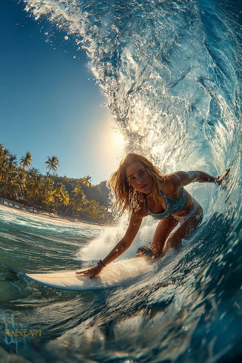 Surfer surf ocean vague eau plage soleil tropical aventure sport recreation vie liberte nature air condition physique extreme action palmier arbres Une femme surfe sur une planche blanche dans l'océan. Elle porte un bikini bleu et une montre-bracelet noire. Elle est en position accroupie, les mains sur la planche, et ses cheveux sont emportés par le vent. L'eau éclabousse autour d'elle, et les vagues s'écrasent sur le rivage. En arrière-plan, il y a une plage avec des palmiers et un ciel bleu clair.
