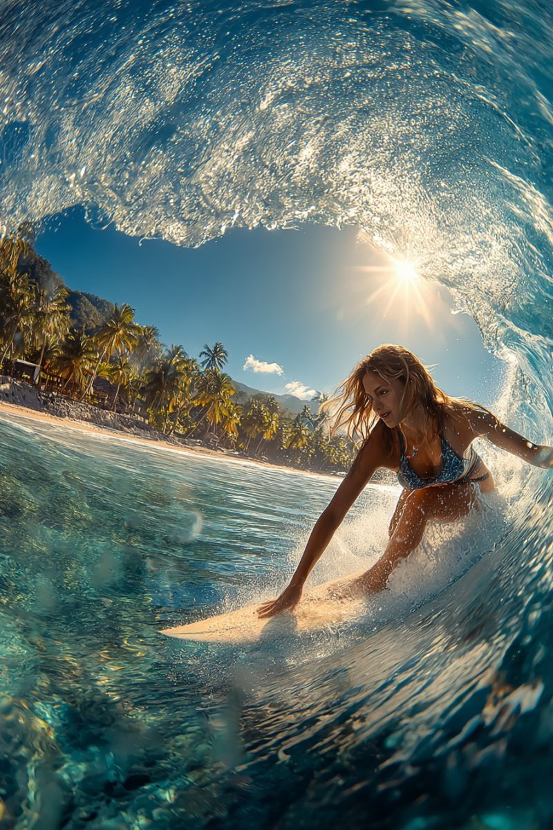 Surf ocean vague soleil plage montagnes station balneaire eau ciel tropical aventure vacances liberte vie sport forme physique nature palmier arbres Une femme surfe sur une planche blanche dans l'océan. Elle porte un bikini bleu et blanc, et ses cheveux sont emportés par le vent. L'eau est claire, et le soleil brille intensément, projetant une douce lumière sur la scène. En arrière-plan, il y a une plage avec des palmiers et une chaîne de montagnes. L'eau éclabousse autour de la femme, et elle est au milieu d'une vague.