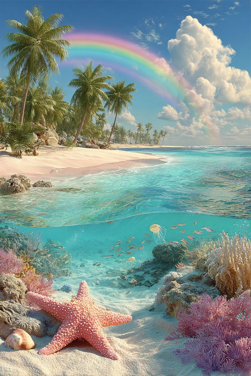 Beach sea water sky cloud rainbow rock coral starfish jellyfish fish sand resort tropical vacation nature palm tree serene beach scene with a clear blue sky and a vibrant rainbow arching across it. The beach is sandy with a gentle slope into the ocean, where the water is calm and clear. There are lush palm trees lining the shore, and a few rocks are scattered along the beach. Underwater, the scene shows a variety of colorful coral reefs and marine life, including a large starfish with pink and white spots, a jellyfish floating gracefully, and numerous small fish swimming around. The corals are in various shades of pink, white, and green, adding to the underwater beauty. The overall atmosphere is peaceful and idyllic, with the natural elements creating a harmonious and picturesque setting.