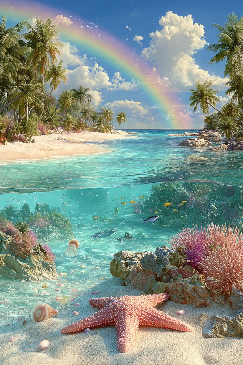 Beach sea water sky cloud rainbow rock coral fish starfish sand plant reef shell jellyfish sun sunlight sunbeam sunray palm tree A vibrant scene of a tropical beach with a rainbow arching over the horizon. The beach is sandy with lush palm trees and other tropical plants. The water is clear and blue, with a split view showing a coral reef below with colorful fish and sea creatures. On the sand, there is a large starfish with a pinkish hue and white spots. The sky is blue with scattered clouds, and the overall atmosphere is serene and picturesque.