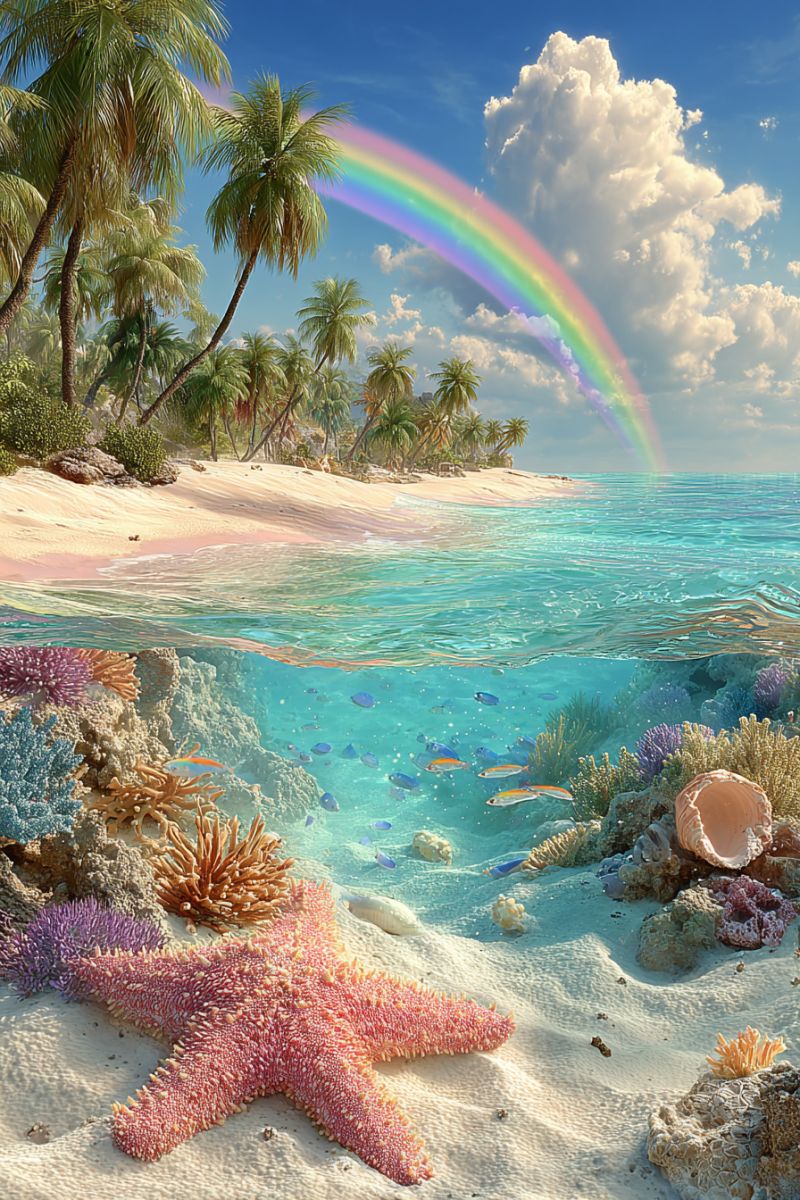 Plage ocean etoile mer arc ciel nuages sable eau poissons rochers coquillages sous marin tropical nature station balneaire vacances corail recif palmi Une scène vibrante d'une plage tropicale avec un ciel bleu clair et un grand arc-en-ciel s'étendant au-dessus de l'horizon. La plage est sablonneuse avec un mélange de sables roses et blancs, et elle est bordée de grands palmiers. L'eau est calme et bleue, avec une vue claire du monde sous-marin en dessous. Des récifs coralliens et diverses vies marines, y compris des poissons colorés et une grande étoile de mer, sont visibles au premier plan. La vue sous-marine montre une variété de coraux et de poissons nageant dans l'eau claire.