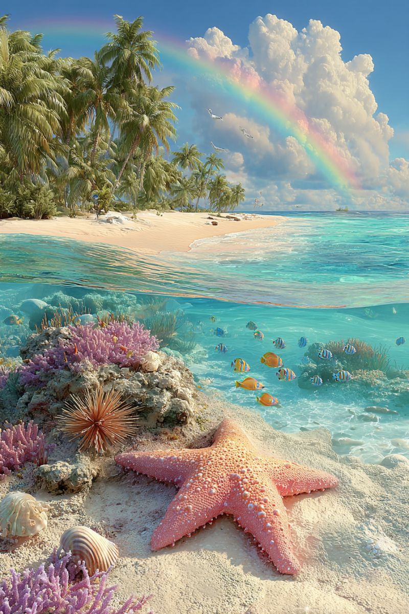 Beach sea water sky cloud rainbow fish starfish shell rock sand tropical nature outdoor seascape underwater palm tree coral reef marine life serene beach scene with a clear blue sky and a vibrant rainbow arching over the horizon. The beach is sandy with lush green palm trees and other tropical vegetation. The water is calm and clear, showing a split view of the underwater world. In the water, there are colorful coral reefs with various fish swimming around. On the shore, there is a large pink starfish with white spots, and several seashells are scattered around it. The scene is peaceful and picturesque, capturing the beauty of both the beach and the underwater environment.
