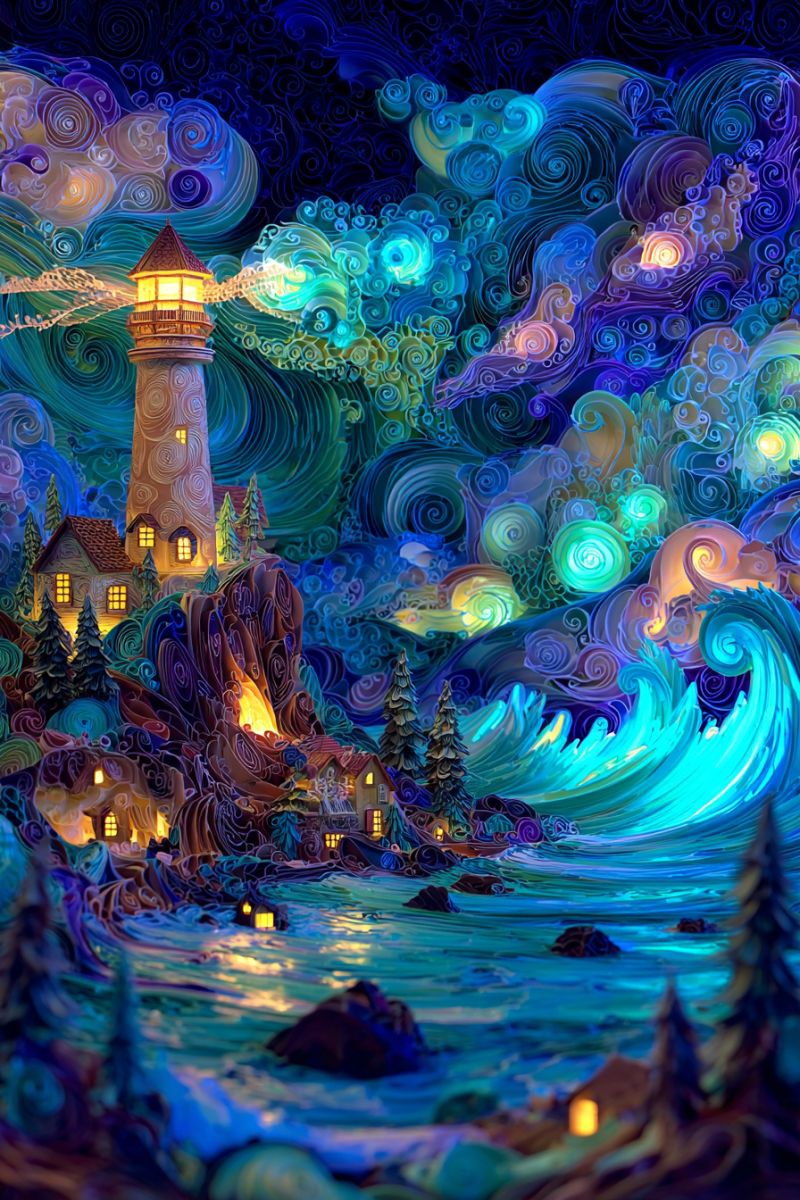Lighthouse night painting house sea waves trees sky clouds mountain rock water lamp glow glowing dark vibrant, surreal landscape with a lighthouse standing tall on a rocky cliff. The lighthouse is illuminated with a warm yellow light, casting a glow that reflects off the surrounding water. The sky above is a swirling mix of deep blues, purples, and greens, with abstract, cloud-like patterns that seem to dance and shift. The sea is depicted with dramatic waves, colored in shades of teal and blue, crashing against the rocks. There are several small houses and trees dotting the landscape, each with their own warm, glowing lights. The overall scene has a dreamlike quality, with a sense of movement and energy in the swirling patterns and lighting.