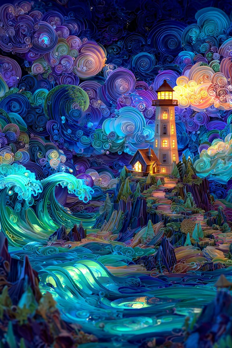 Lighthouse night sea waves house path trees mountains sky clouds reflection water rocks A lighthouse stands tall on a rocky cliff, its light beaming brightly against the night sky. The lighthouse is surrounded by swirling, colorful clouds in shades of blue, purple, and yellow. Below, the sea is depicted with dramatic, undulating waves in shades of teal and green. The foreground features a small, cozy house with warm, glowing windows. The entire scene is set against a back of vibrant, swirling patterns that give the image a dreamlike quality.