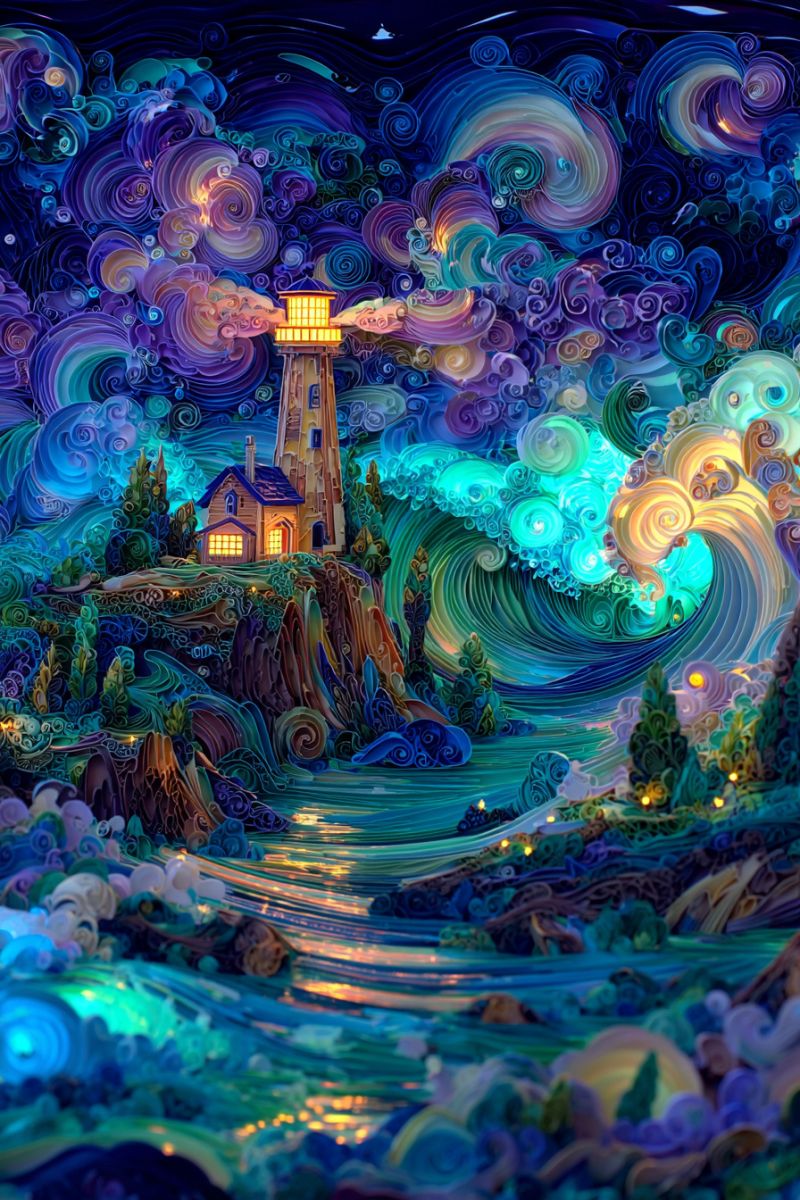 Phare nuit vagues mer maison arbres ciel nuages montagnes eau reflet fantaisie imagination reves creativite Une peinture vibrante et abstraite dépeint un phare sur une falaise rocheuse, brillant chaleureusement de lumière. Le phare est entouré de vagues tourbillonnantes et colorées et de nuages aux teintes de bleu, violet et jaune. Le ciel est rempli de motifs tourbillonnants et d'étoiles. L'avant-plan présente un paysage sombre et texturé avec des arbres et un chemin lumineux menant au phare. La scène globale est dynamique et pleine de mouvement, avec un sens de profondeur et de dimension.