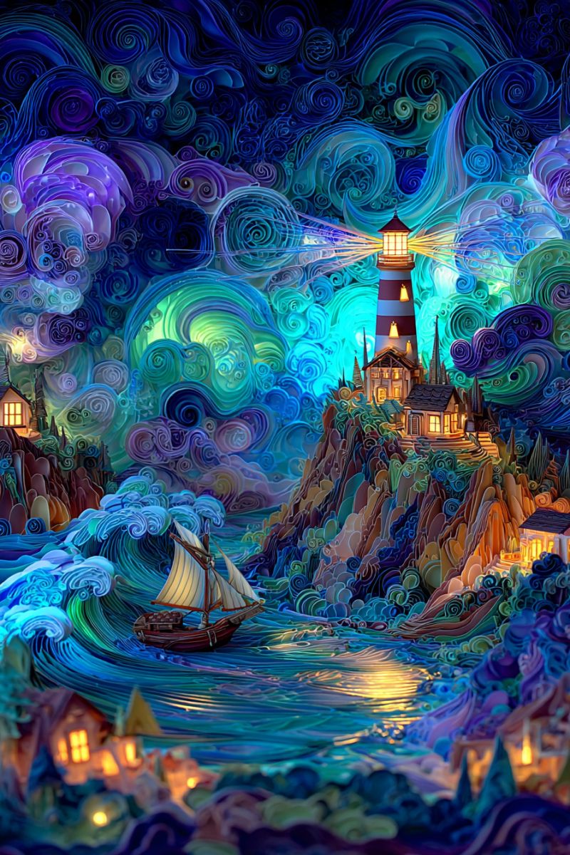 Painting lighthouse night sea boat house mountain sky waves water clouds Une oeuvre d'art vibrante et texturée dépeint un phare perché sur une falaise rocheuse, sa lumière rayonnant à travers le ciel nocturne. Le phare est entouré de motifs tourbillonnants et colorés qui imitent les vagues et les nuages. En dessous, un voilier navigue à travers les vagues, illuminé par la lueur du phare. La scène se déroule sur fond de bleus, violets et verts tourbillonnants, avec des maisons et des arbres parsemant le paysage. L'effet global est onirique et surréaliste, avec un accent mis sur la lumière, le mouvement et la texture