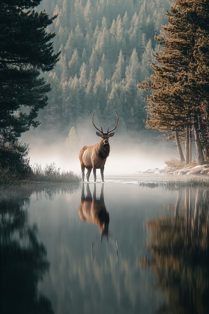Elk wildlife nature forest lake morning mist reflection trees deer outdoors animal water fog mountains conservation sanctuary A majestic elk stands in the shallow waters of a serene lake, its reflection mirrored on the calm surface. The elk has a robust body, a proud stance, and large antlers. The lake is surrounded by a dense forest of tall, evergreen trees, with a misty atmosphere adding to the tranquil scene. The background features a row of trees, and the ground is covered with rocks and patches of grass. The overall mood is peaceful and majestic.