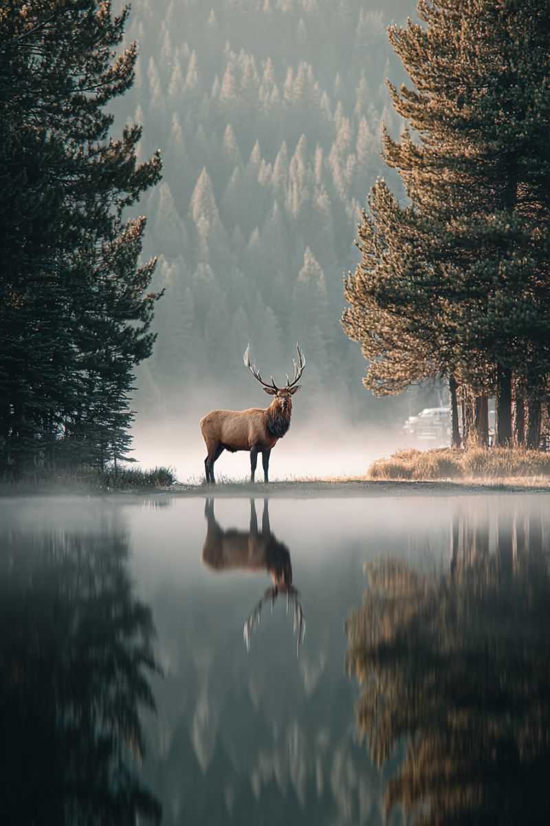 Elk deer wildlife nature forest lake reflection morning mist trees fog outdoors animal wild mountain scenery dawn autumn A majestic elk stands in a serene forest clearing, its antlers proudly displayed. The elk is positioned near a tranquil lake, with its reflection shimmering on the water's surface. The scene is framed by tall, slender trees, their branches reaching out like arms. In the background, a dense forest of evergreen trees creates a misty, ethereal atmosphere. The sky is overcast, adding a soft, diffused light to the scene.