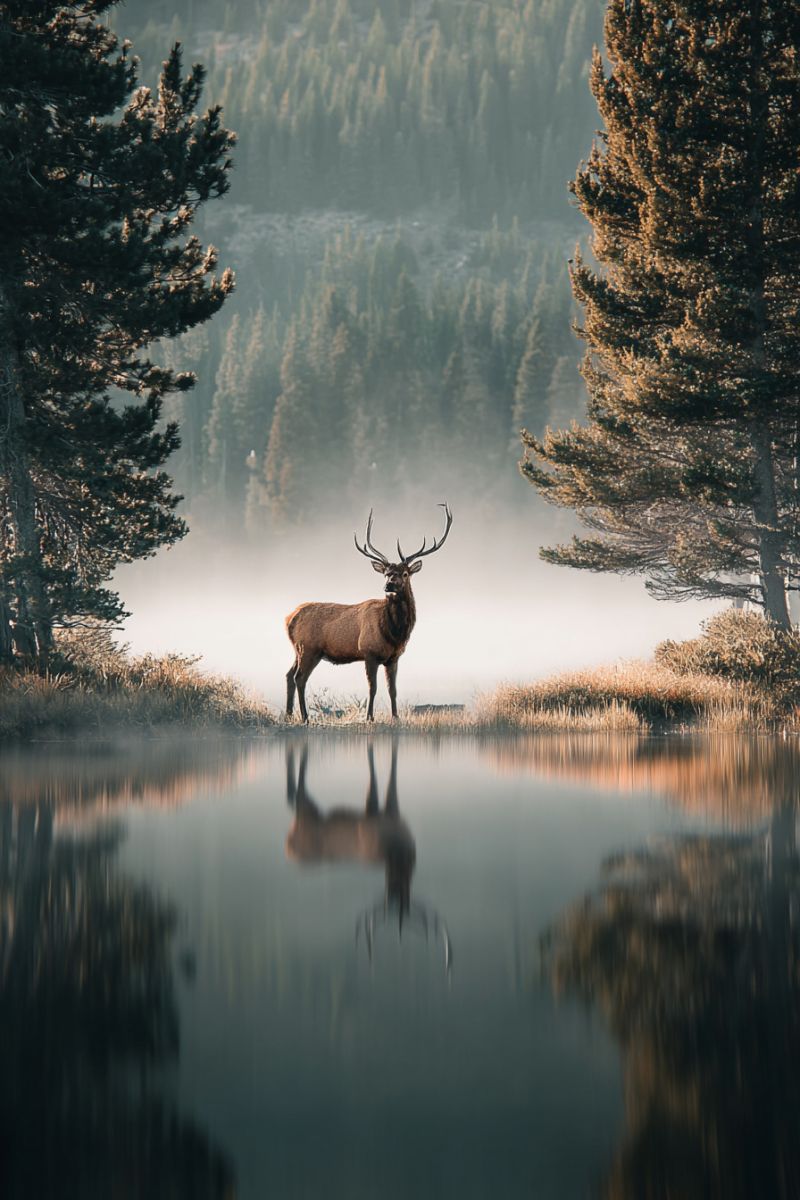 Cerf faune nature foret lac reflet matin brume automne arbres herbe montagnes air animal calme tranquille beaute Un majestueux orignal se tient dans un paysage serein et brumeux près d'un lac tranquille. L'orignal, avec ses impressionnantes bois, est positionné sur la rive herbue, se reflétant dans l'eau calme. De grands arbres élancés aux feuilles en forme d'aiguilles entourent la scène, leurs reflets également visibles dans l'eau. En arrière-plan, une forêt dense d'arbres à feuilles persistantes crée un fond brumeux et atmosphérique. L'ambiance générale est paisible et majestueuse, capturant l'essence de la beauté de la nature.
