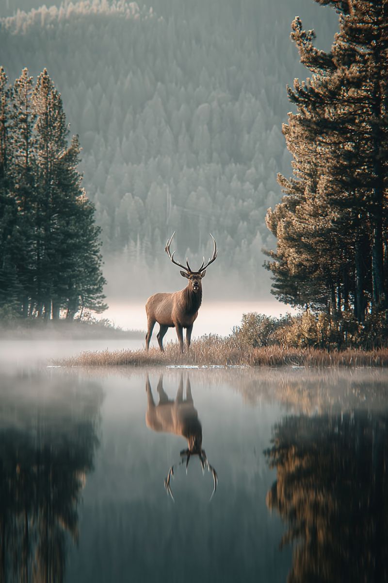 Deer wildlife nature forest lake reflection morning mist trees grass mountains outdoors animal A majestic elk stands on the edge of a serene lake, its reflection mirroring perfectly on the calm water. The elk has large, branching antlers and a strong, muscular body. The lake is surrounded by tall, slender trees with evergreen foliage, and in the background, a dense forest of pine trees stretches towards a misty horizon. The scene is bathed in soft, natural light, creating a tranquil and picturesque atmosphere.