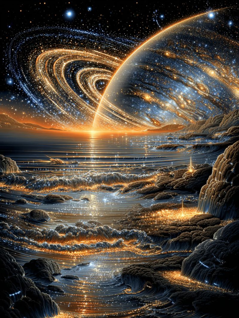 Planete galaxie univers etoile cosmos astronomie celeste nebuleuse cosmique galactique astrophysique nuit etoilee exploration science Vaste paysage irréel avec une grande planète dominant la scène. La planète est entourée d'anneaux tourbillonnants aux teintes dorées, rappelant Saturne, et est placée sur un fond d'espace profond et sombre rempli d'innombrables étoiles. La surface de la planète est un mélange de bleus, jaunes et blancs tourbillonnants, suggérant une atmosphère turbulente. Sous la planète, un grand plan d'eau s'étend, avec des vagues et des courants visibles, reflétant la lumière de la planète au-dessus. L'eau est d'un bleu profond et sombre, avec des touches d'or et de blanc là où la lumière l'atteint. Des affleurements rocheux et des îles sont dispersés dans l'eau, dont certains ont de petites lumières scintillantes, indiquant possiblement une activité volcanique ou des dépôts minéraux. Le ciel est d'un bleu profond et sombre, avec quelques étoiles éparses et une faible lueur dorée au loin, provenant peut-être d'un soleil couchant ou d'une étoile lointaine.