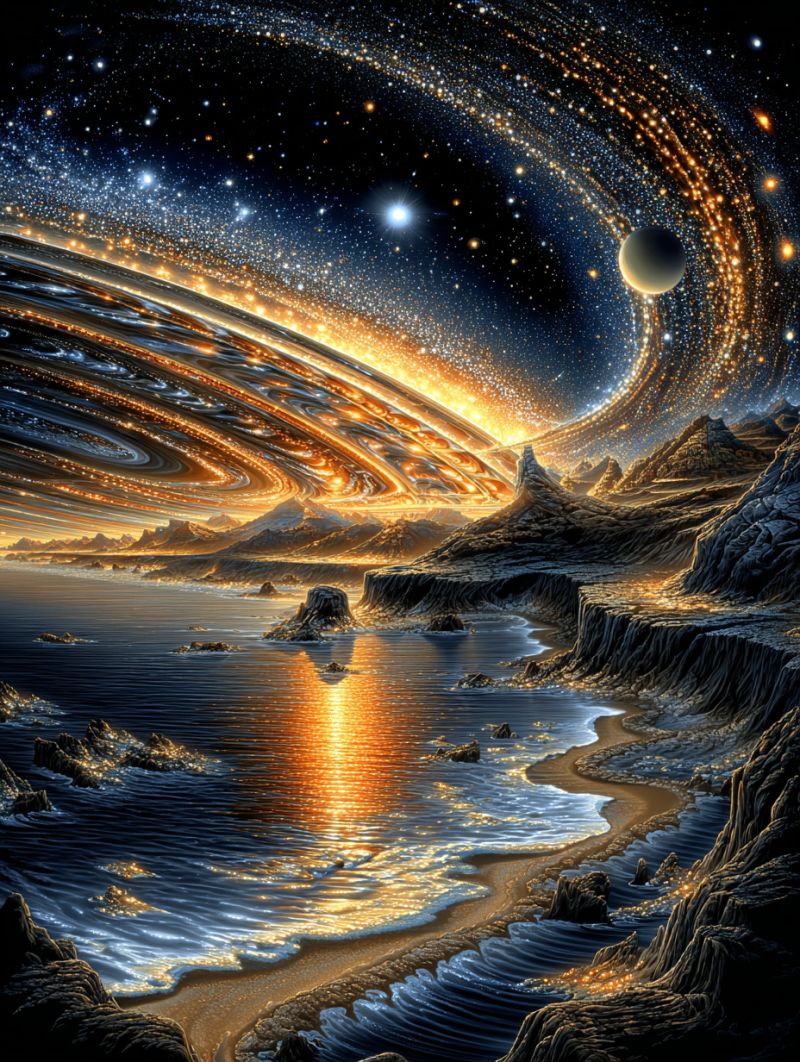 Space galaxy universe stars planet astronomy cosmic celestial cosmology galactic starlight night sky outer starry exploration vast, otherworldly landscape with a dramatic sky. The sky is filled with swirling galaxies, nebulae, and stars, creating a vibrant and colorful backdrop. A large, glowing planet is visible in the upper right corner, adding to the celestial theme. Below the sky, there is a serene body of water, possibly an ocean, with gentle waves reflecting the light from the stars and planets. The shoreline is rocky, with jagged cliffs and scattered rocks. The water transitions from deep blue near the shore to a lighter blue in the distance. The overall scene is bathed in a soft, ethereal light, giving it a dreamlike quality.