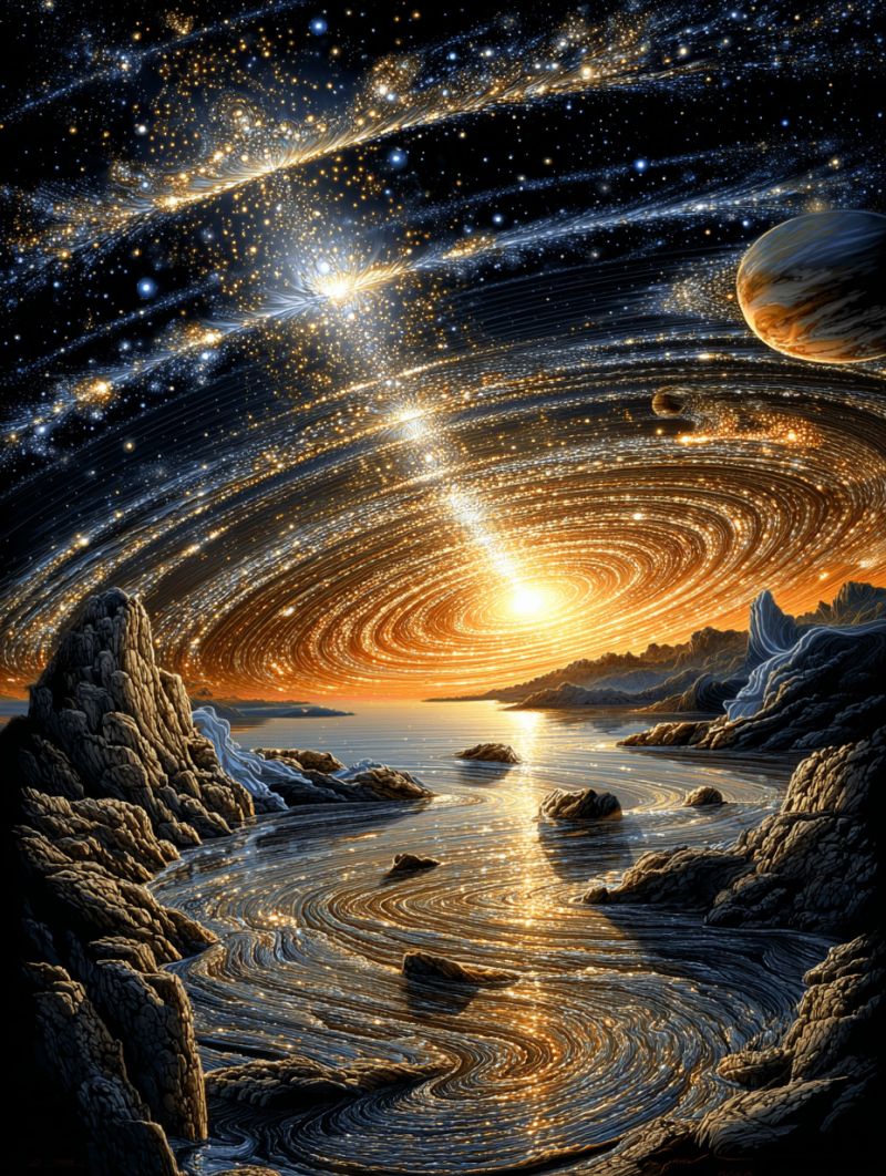 Galaxie etoiles planete univers astronomie cosmique celeste cosmologie galactique nuit ciel exploration amoureux Vaste paysage irréel avec un ciel sombre et étoilé rempli de galaxies et de nébuleuses tourbillonnantes. Au centre, une étoile brillante et radieuse émet une lumière chaude et dorée, illuminant la scène. L'avant-plan présente un corps d'eau serein avec de douces ondulations, reflétant la lumière céleste. Des falaises rocheuses et des montagnes entourent l'eau, leurs surfaces texturées et accidentées. Le ciel au-dessus est d'un bleu profond et sombre, parsemé d'innombrables étoiles et illuminé par la lumière des galaxies lointaines. L'atmosphère générale est celle de la tranquillité et de l'émerveillement cosmique.