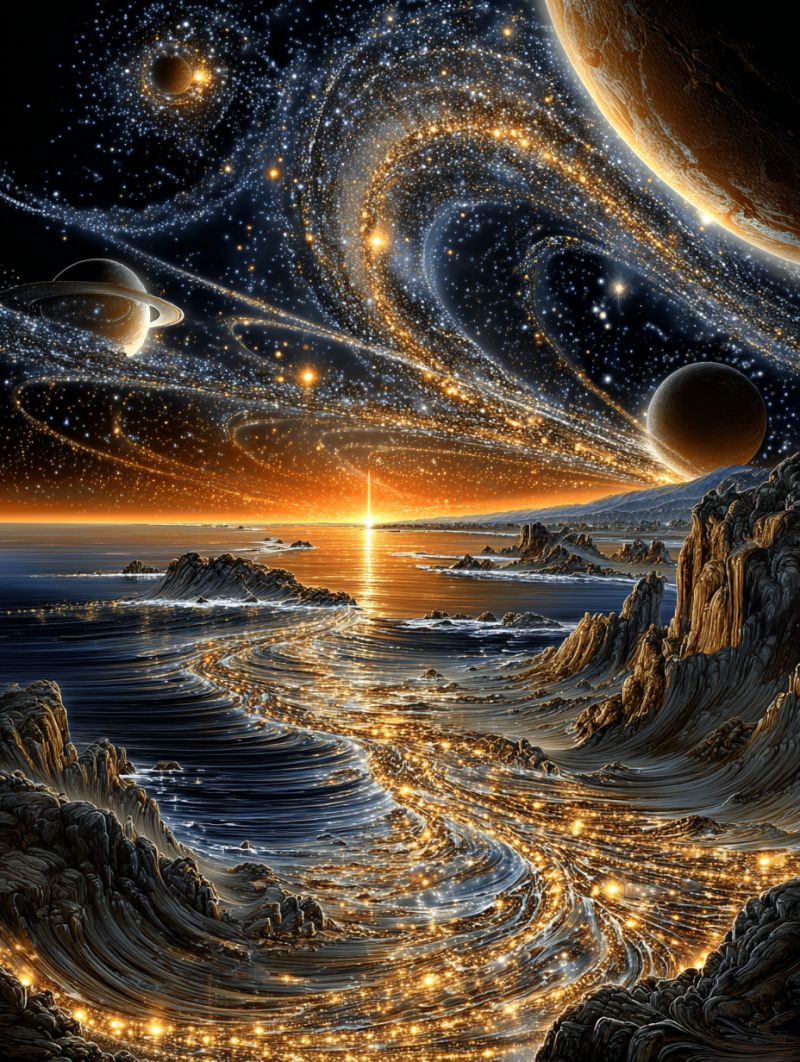 Planete galaxie univers etoile astronomie cosmos nebuleuse celeste cosmique galactique nuit etoilee exploration voyage science Une scène cosmique vaste présente une grande planète avec un système d'anneaux en haut à gauche, entourée d'étoiles et de nébuleuses. Une lumière brillante et lumineuse, peut-être une étoile ou une galaxie lointaine, illumine la scène. En dessous, un vaste océan s'étend, avec des falaises rocheuses et des montagnes sur la droite. L'eau est d'un bleu foncé, reflétant les corps célestes au-dessus. Le ciel est d'un bleu profond, parsemé d'étoiles et de quelques traînées de lumière. Le premier plan est éclairé par une lumière chaude et dorée, créant une atmosphère sereine et irréelle.