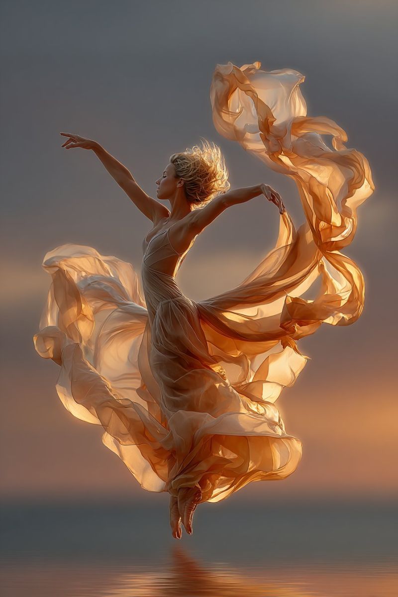 Femme robe saut coucher soleil ocean eau ciel nuages reflet liberte beaute grace emotion Une femme est capturée en plein saut dans les airs, son corps formant un arc parfait. Elle porte une robe dorée fluide qui flotte autour d'elle, créant un sentiment de mouvement et de fluidité. Ses bras sont étendus vers l'extérieur, et ses cheveux flottent librement, ajoutant à la pose dynamique. Le fond est un ciel crépusculaire serein, avec des teintes douces d'orange et de rose, se reflétant sur l'eau calme en dessous. La scène globale transmet un sentiment de liberté et de beauté.