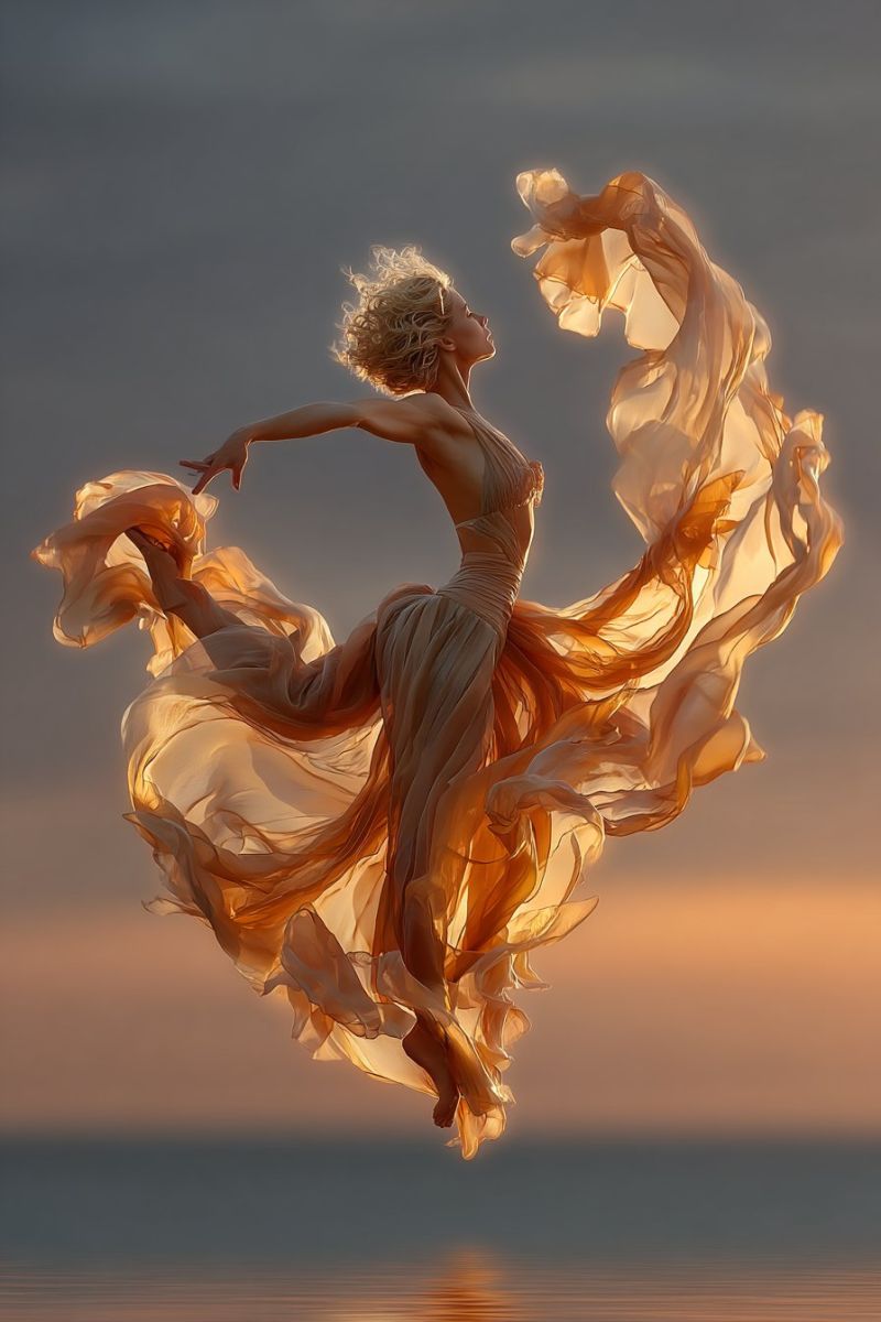 Femme robe saut eau ciel coucher soleil plage liberte grace elegance inspiration creativite Une femme est capturée en plein vol dans une pose de danse gracieuse, son corps légèrement plié et les bras étendus vers l'extérieur. Elle porte une robe fluide et sans manches qui flotte autour d'elle, créant un sentiment de mouvement et de fluidité. Ses cheveux sont ébouriffés, ajoutant à la sensation dynamique de l'image. Le fond est un ciel serein au crépuscule avec des teintes douces et chaudes, et l'eau en dessous reflète les couleurs du ciel, ajoutant à l'atmosphère tranquille.