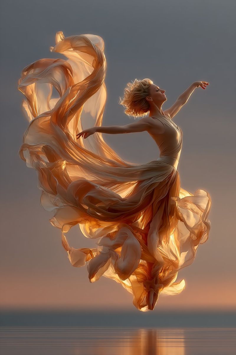 Woman dress dance jump air water sky sunset reflection freedom grace beauty fashion performance A woman is captured mid-air in a graceful leap, her body forming a perfect arc. She wears a flowing dress that billows out around her, creating a sense of movement and fluidity. The dress is a warm, golden color, blending seamlessly with the soft, warm light that bathes the scene. Her hair is tousled, adding to the dynamic energy of the image. The background is a serene, muted blue, with the horizon line visible, suggesting a beach or a large body of water. The sky above is a soft gradient, transitioning from a deeper blue near the horizon to a lighter blue higher up, with the sun's rays casting a gentle glow on the woman and her dress.