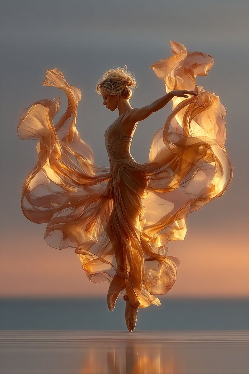 Woman dress dance jump sunset beach water reflection sky fashion freedom movement grace A woman is captured mid-air in a graceful leap, her body slightly bent and arms extended outward. She wears a flowing dress that billows around her, creating a dramatic effect as it catches the light. The dress is a warm, golden color, and its fabric appears to be sheer, allowing the light to pass through and create a luminous effect. The background is a serene beach at sunset, with the sky transitioning from a deep blue to a warm orange and pink hues. The water is calm, reflecting the sky's colors, and the overall scene is bathed in a soft, golden light.