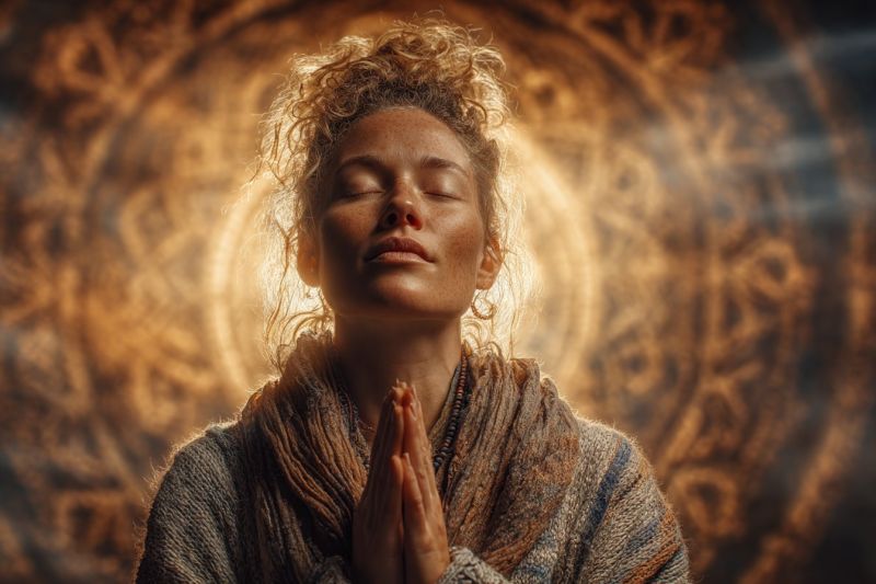 Meditation femme priere spiritualite contemplation zen calme relaxation conscience sacre rituel adoration devotion foi tranquillite serenite mysticism Une femme aux cheveux bouclés se tient devant un motif circulaire, peut-être un mandala, les yeux fermés et les mains jointes dans une position de prière. Elle porte un foulard tricoté et un collier de perles. Le fond est d'une couleur chaude et dorée, et une lumière vive brille sur son visage, créant une atmosphère sereine et paisible.
