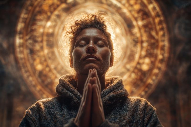 Meditation spirituality prayer contemplation zen mindfulness calm relaxation self reflection sacred aura divine worship faith devotion ritual ceremony A person with curly hair is standing in front of a circular, golden-colored design, possibly a mandala, with intricate patterns. The person is wearing a gray hoodie and has their eyes closed, appearing to be in a meditative or prayerful pose. Their hands are clasped together in front of their chest. The person's face is illuminated by a warm, golden light, casting a soft glow on their face and the surrounding area. The background is dark, with the circular design being the only source of light in the image.