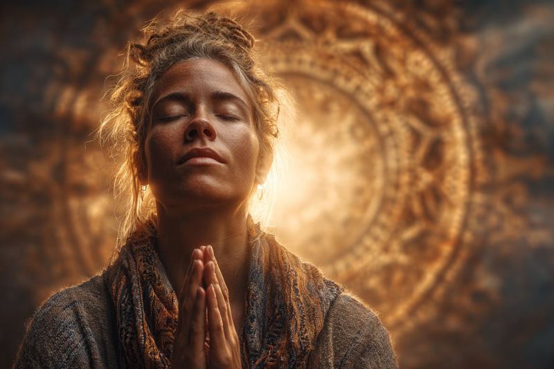 Meditation femme priere spiritualite contemplation zen calme relaxation conscience yoga sacre rituel adoration devotion foi tranquillite serenite harm Une femme, les yeux fermés et les mains pressées ensemble dans une position de prière, se tient devant un design de mandala circulaire, brun doré. Ses cheveux sont attachés en un chignon lâche, et elle porte un long foulard à motifs autour de son cou. Le fond est d'une teinte chaude et dorée, et la lumière semble venir de la droite, projetant une douce lueur sur son visage et le mandala.