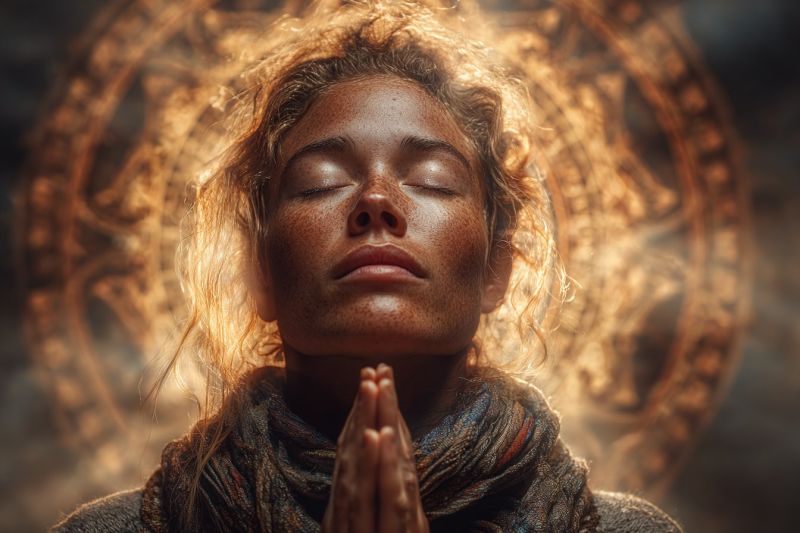 Meditation femme yeux fermes priant soleil echarpe sombre Une femme aux cheveux bouclés médite les yeux fermés et les mains jointes dans une position de prière. Elle porte un foulard autour du cou et des épaules. L'arrière-plan derrière elle est un motif circulaire à teinte dorée, peut-être un mandala ou un rayonnement solaire. La lumière est concentrée sur son visage, créant une atmosphère chaleureuse et sereine.