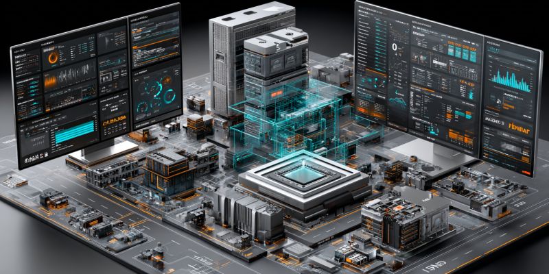 Architecture batiments urbain donnees design electronique ingenierie futur graphiques technologie industrie infrastructure internet machine moderne Ville futuriste avec un accent sur la technologie et l'architecture. Au centre, il y a une grande structure complexe ressemblant à un micropuce ou une carte de circuit, avec divers bâtiments et gratte-ciel l'entourant. Les bâtiments sont élégants et modernes, avec un mélange de matériaux en verre et en métal. La ville est située sur un fond sombre, avec un motif en grille au sol. Il y a plusieurs écrans affichant diverses données et informations, avec des graphiques, des diagrammes et du texte. L'atmosphère générale est high-tech et futuriste, avec un sentiment d'innovation et de progrès.