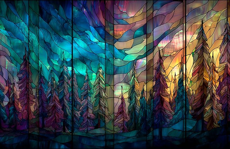 Blue colorful design forest glass green mosaic nature pattern pine purple red sunset tree series of vertical panels depicting a forest scene. Each panel is divided into sections with varying colors and patterns. The colors range from deep blues and greens to warm yellows and reds, creating a gradient effect. The panels show tall, slender trees with needle-like leaves, suggesting a coniferous forest. The sky above the trees is depicted with swirling patterns of blues, purples, and pinks, possibly representing the aurora borealis. The overall effect is vibrant and dynamic, with a sense of movement and depth.