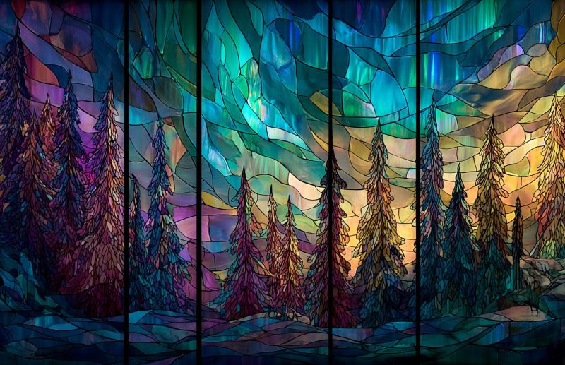 Beaute design foret verre vert mosaique nature pin ciel neige arbre Série de panneaux de vitrail représentant une scène de forêt. Chaque panneau est divisé en sections, mettant en valeur de grands arbres à feuilles persistantes élancés avec des feuilles détaillées en forme d'aiguilles. Les arbres sont rendus dans diverses nuances de vert, de violet et de bleu, créant une apparence vibrante et texturée. Le fond de chaque panneau passe des bleus et violets profonds et sombres au bas à des verts et jaunes plus clairs et éthérés en haut, suggérant un ciel rempli d'aurores boréales ou de lumières du nord. L'effet global est celui d'une forêt magique et irréelle sous un spectacle céleste.