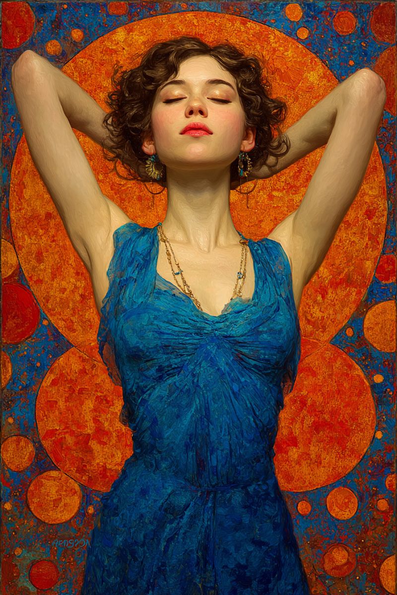 Femme beaute elegant moderne contemporain rouge bleu orange cercle soleil Une femme aux cheveux bouclés se tient les bras levés au-dessus de sa tête, les yeux fermés et les lèvres légèrement entrouvertes. Elle porte une robe bleue et a un collier avec un pendentif. Elle est positionnée devant un arrière-plan vibrant présentant un grand cercle orange entouré de plus petits cercles bleus et oranges. L'arrière-plan a une apparence texturée, presque abstraite.