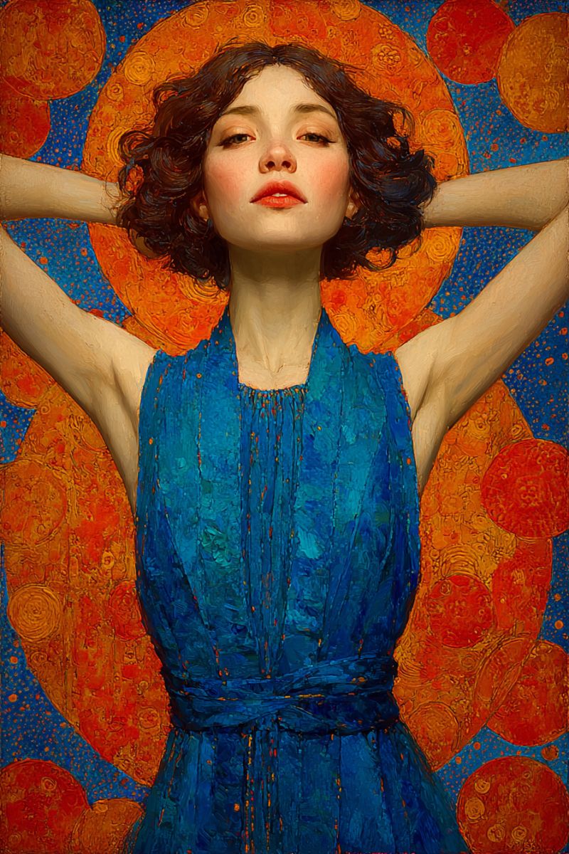 Femme beaute realisme contemporain Une femme aux cheveux courts et bouclés se tient les bras levés au-dessus de sa tête, son corps légèrement incliné vers la gauche. Elle porte une robe bleue sans manches avec un col haut et une ceinture autour de sa taille. Ses yeux sont fermés et ses lèvres légèrement entrouvertes. L'arrière-plan est un mélange vibrant d'orange et de bleu avec des motifs circulaires, créant un fond dynamique et coloré. Le style de peinture est détaillé et expressif, capturant la pose sereine et contemplative de la femme.
